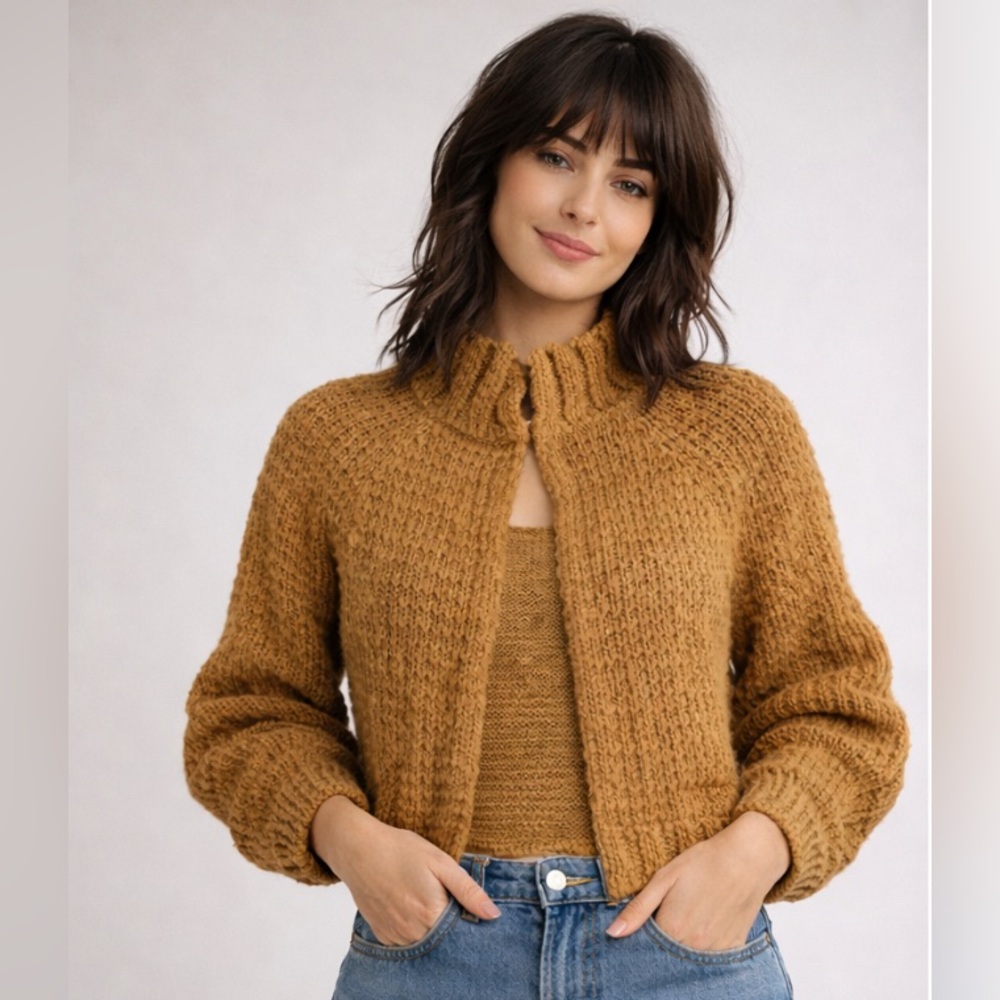 Free People Mustard Mock Neck Knit Open Cardigan Size XS